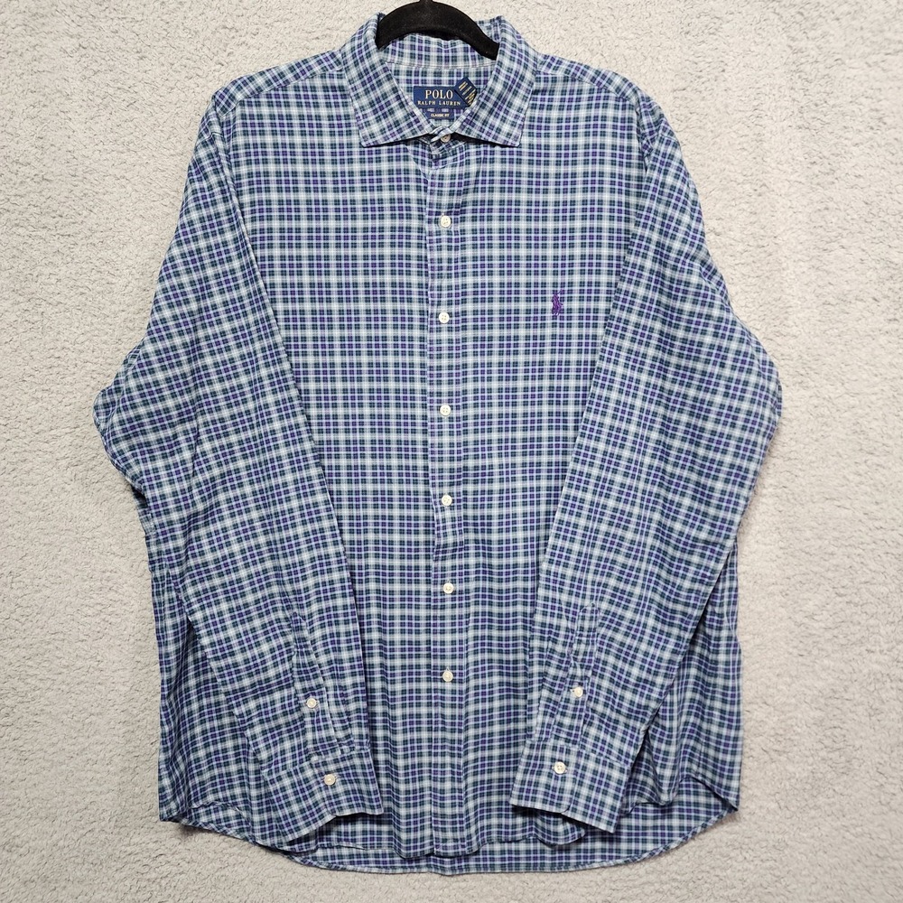 Polo Ralph Lauren Oxford Mens Long Sleeve Blue Plaid Size XL‎